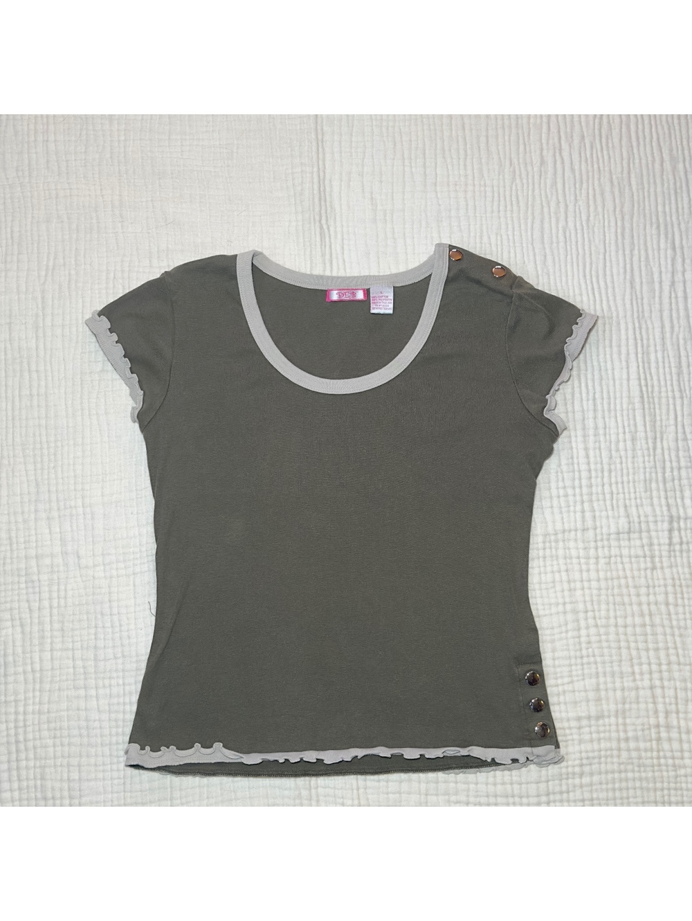 DEB Women’s Large Olive Green Ruffle Trim Y2K Top